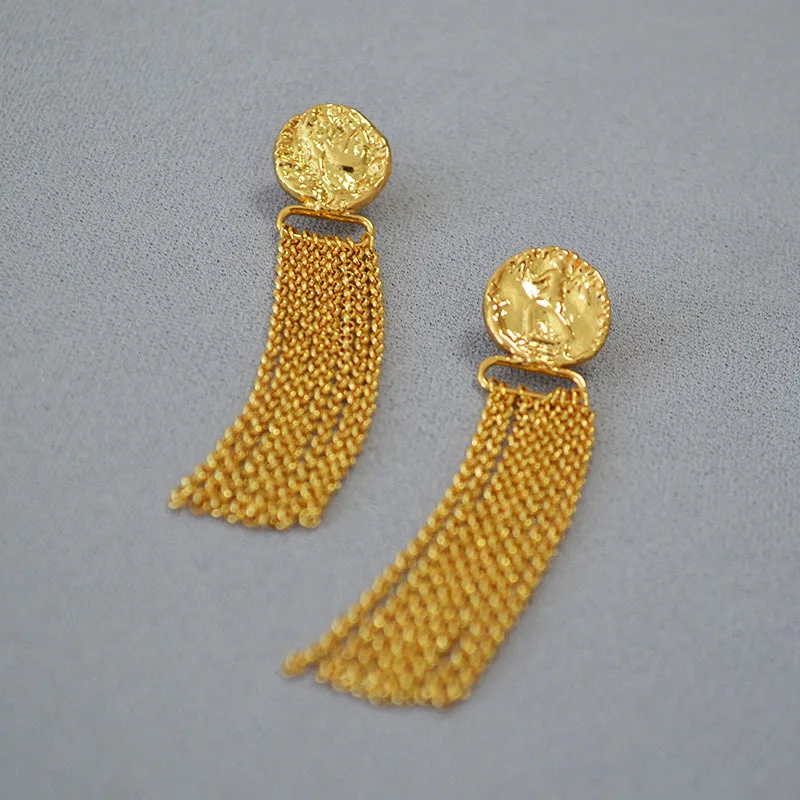 

Tassel chain earrings dangles fashion women embossment coin earrings drop with 925 silver pin