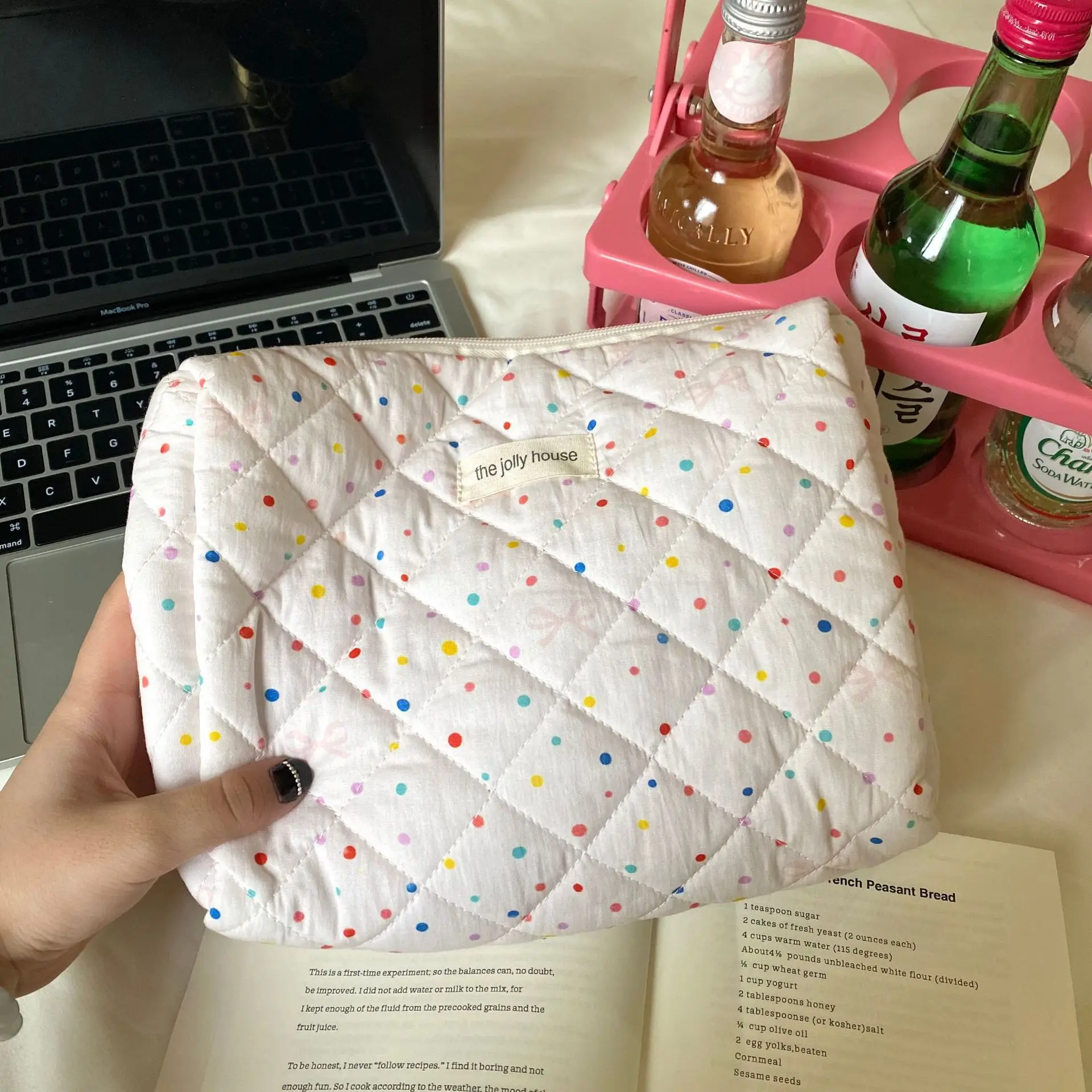 Cute Dot Print Quilting Cotton Makeup Bag Women Zipper Cosmetic Organizer Female Cloth Handbag Portable Toiletry Case for Girls