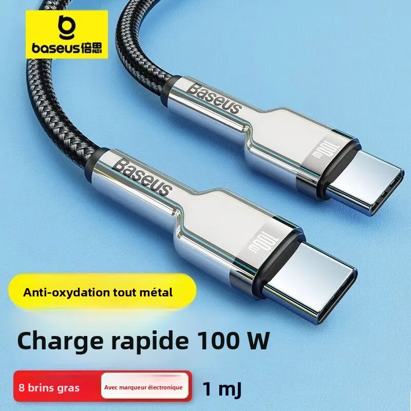 Câble de données métallique BASEUS PD100W à charge rapide, durable et haute puissance, compatible avec les ordinateurs portables, les téléphones Apple 15, Apple 16 et Huawei