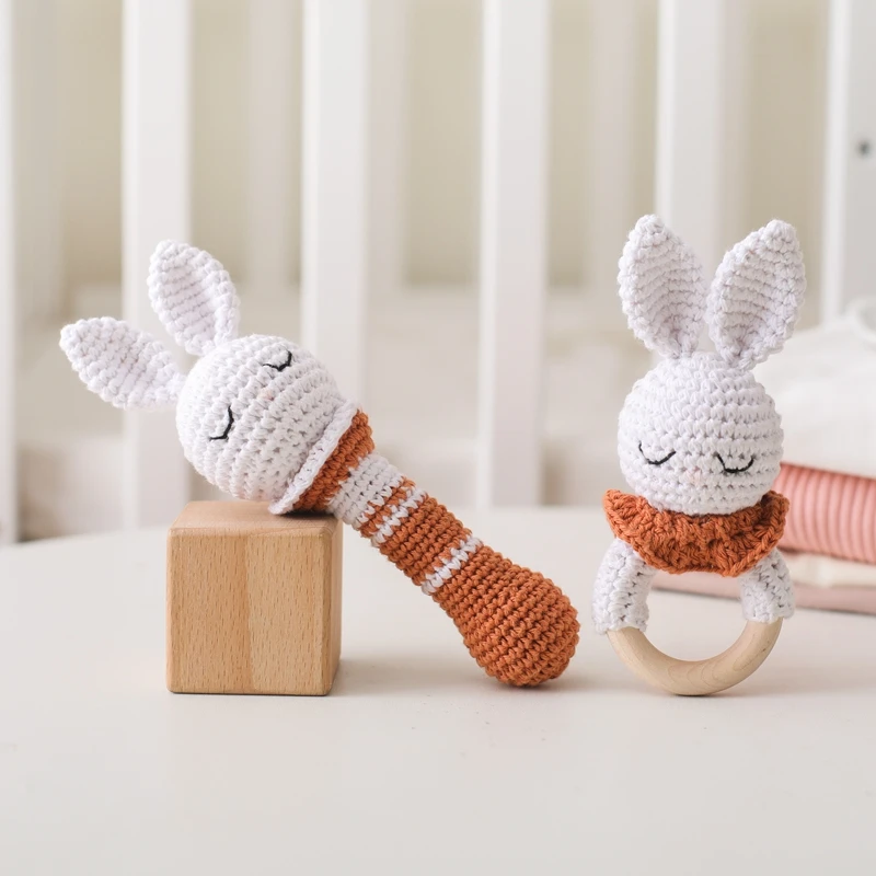 Baby Teether Animal Crochet Rattle Music Bell for Kids Crochet Bunny Wooden Babies Gym Montessori Baby Toys Mother Kids Teether