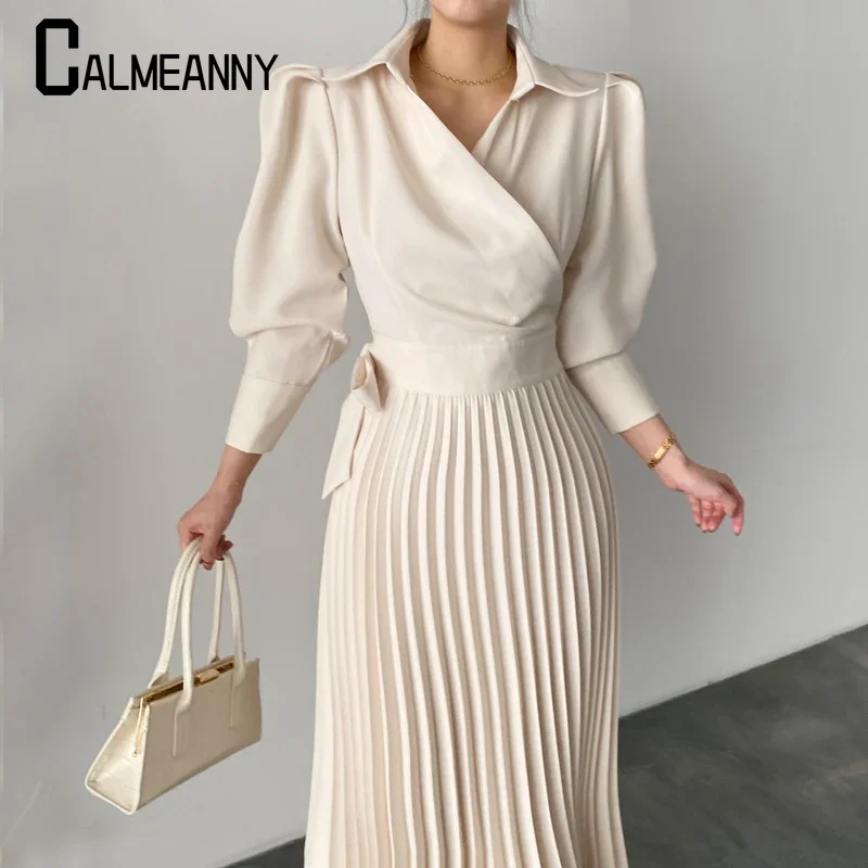 

2025 Summer Korean Edition Turn-down Collar Women Office Panelled Dress Side Bow Tie Puff Sleeve Pleated Dress