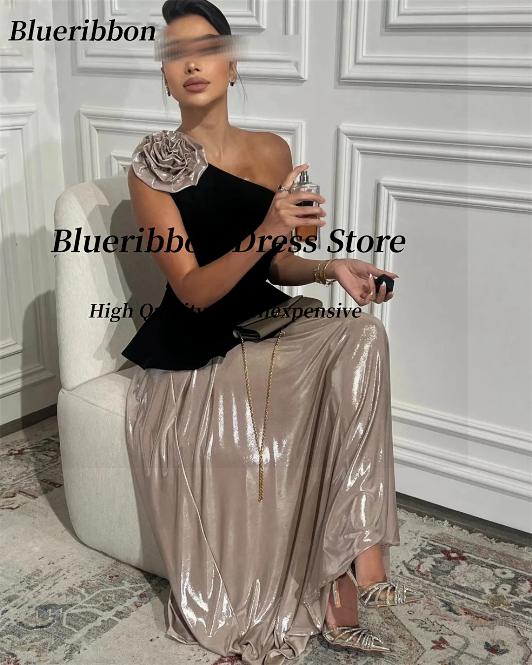 Blueribbon Bespoke Prom Dresses Contrast Color Flower One Shoulder Evening Gowns Long Ruched Wedding Party Dress Saudi Arabia