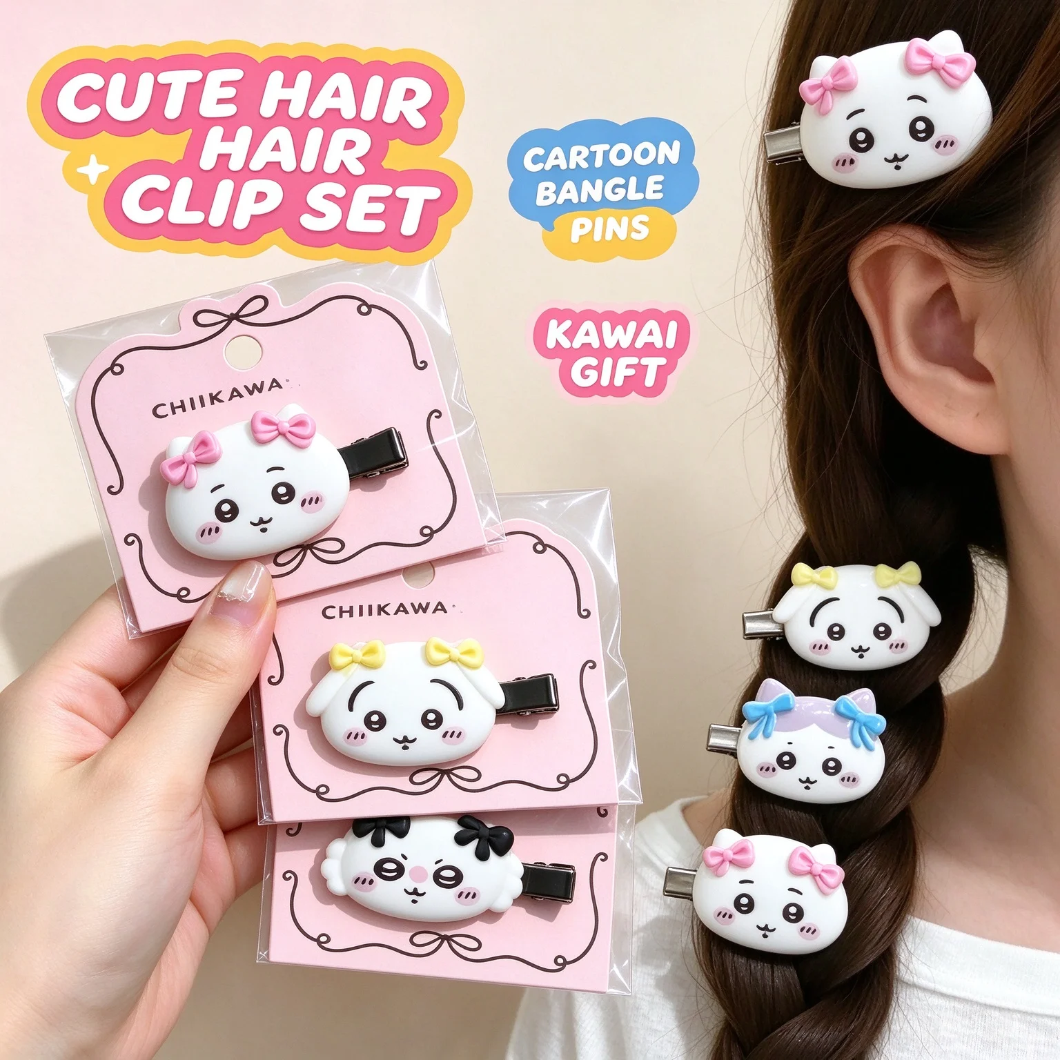 IN stock Chiikawa Resin Bow Hair Clip, Cute Cartoon Side Bang Duckbill Barrettes, Lovely Hair Accessories for Girls Daily Wear