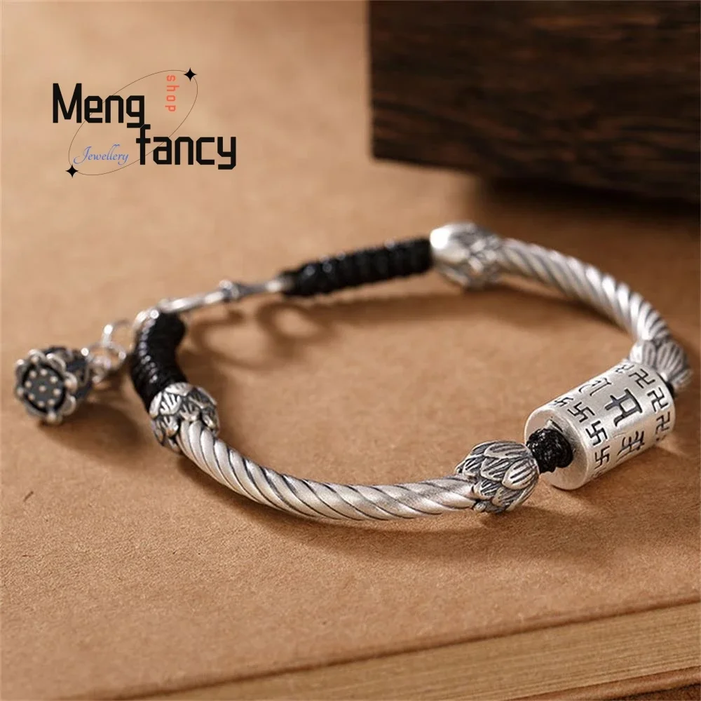 Vintage Ethnic Style S999 Foot Silver Six-word Motto Transit Beads Lotus Flower Bracelet Handmade Weaving Luxury Fashion Jewelry