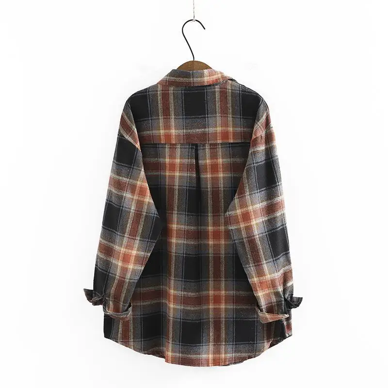 Women's Plaid Long Sleeve Cotton Blouses, Plus Size Shirts, Casual Clothing, Contrast Color, Vintage, Autumn, Winter