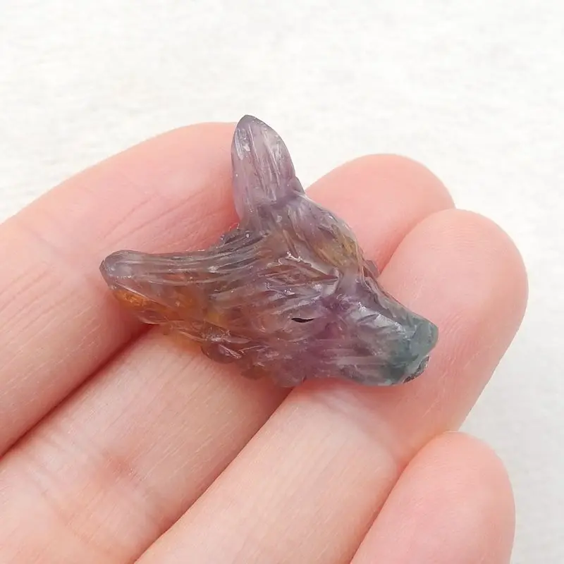 

Natural Stone Carved Wolf Head Rainbow Fluorite Gemstone Animal Pendant Bead,28x19x10mm,6g