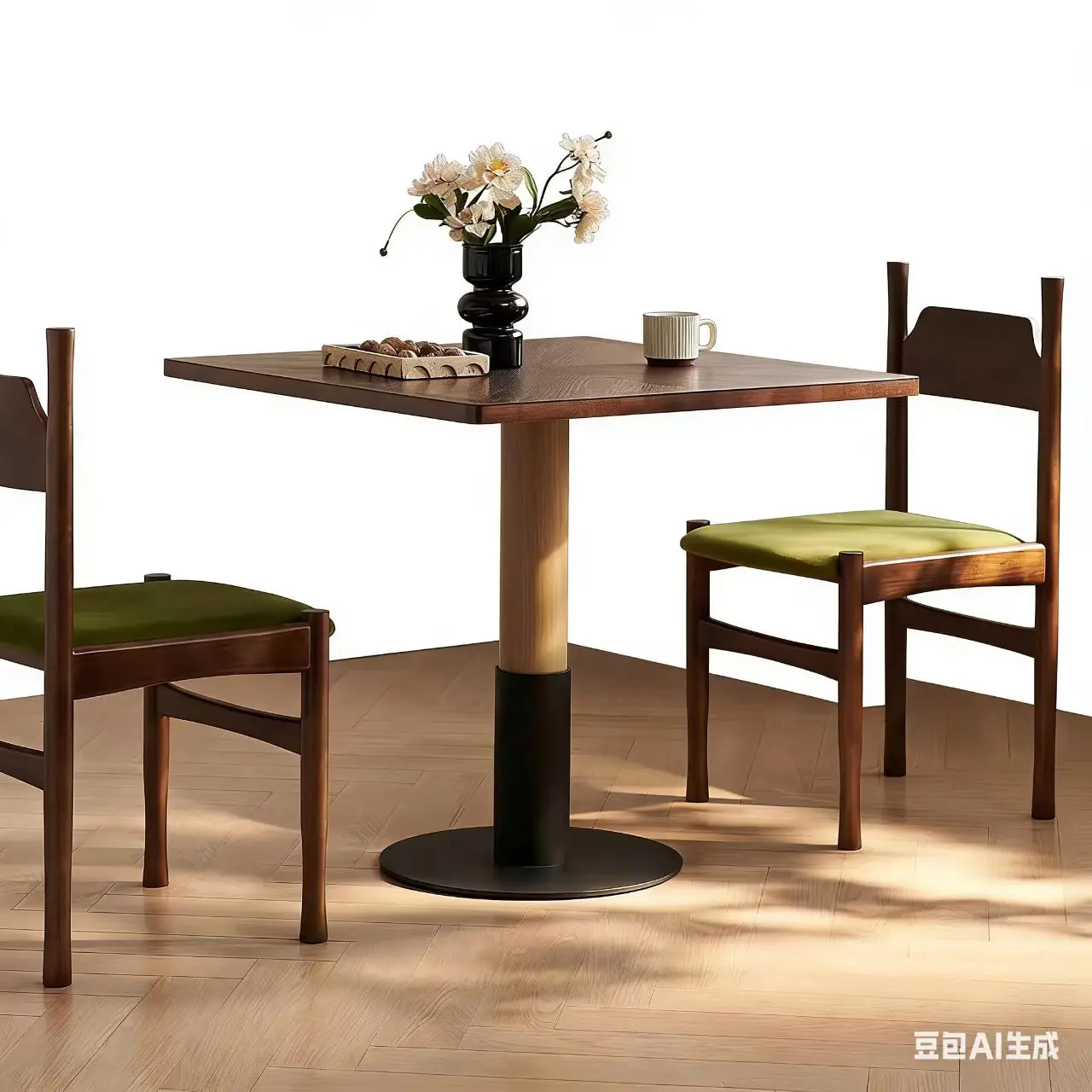 

Modern minimalist small apartment solid wood square table, retro walnut color inlay, cafe milk tea shop sales office dining tabl