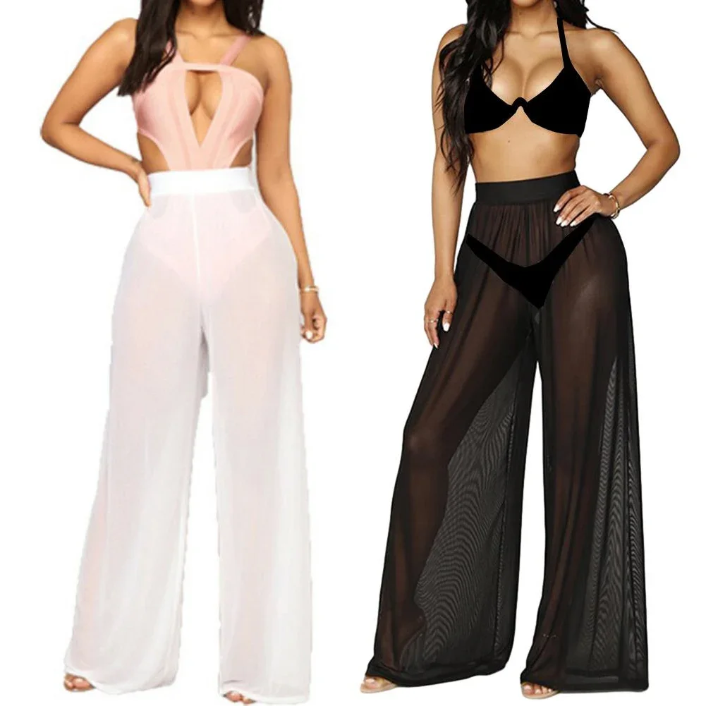 Hose mit hoher Taille, durchsichtig, weich, dynamisch, elastisch, lang, locker, aus Mesh, Polyester, einfarbig, transparent, für den Strand – Detail 1