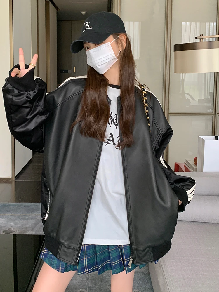 bla-pu-cuir-jaet-femmes-decontracte-sle-baseball-manteau-t-shirt-barres-2023-nouveau-automne-faionable-vintage-doux-vent-frais
