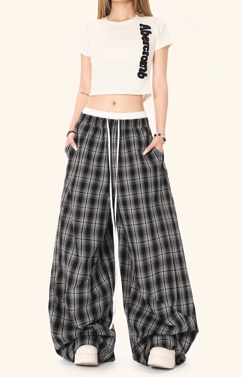 American Retro Lazy Style Design Pants Double Waisted Patchwork Checkered Pants Women's New Jazz Dance Loose Wide Leg Pants