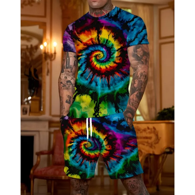 New Summer Set Men's 2 Piece Hip Hop Print Round Neck T Shirt Casual Fashion Style Suit Breathable Short Sleeve Shorts