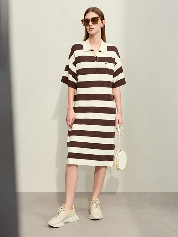 Amii Minimalism Embroidery Striped Dress for Women 2024 Spring New POLO Neck Half Drop Sleeves Casual Knit Dress Loose 12441280