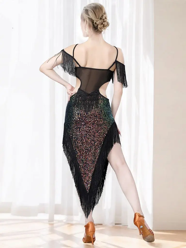 Latin Dancing Dress Women Backless Sequin Ballroom Fringe Bare Midriff Irregular Belly Dance Performance Costume Red Black