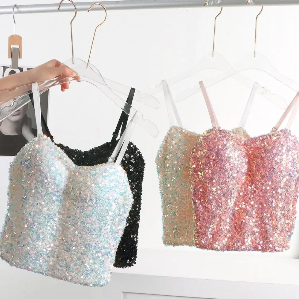 Shiny Sequin Sequin One-Piece Tank Top Fixed Wrap Chest Short Backless Vest High Elasticity Underwear Base Layer Vest Top Summer