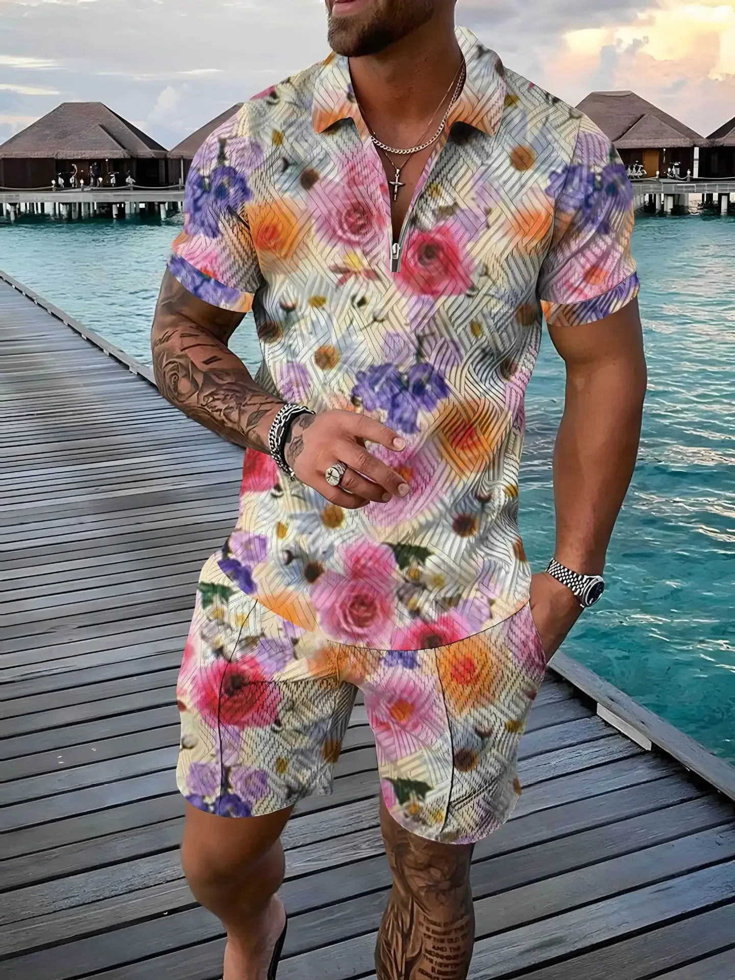 Conjunto de agasalho casual floral colorido estampado 3D masculino, camisa polo e shorts com gola zíper, pano homem, moda tendência verão, 2 peças