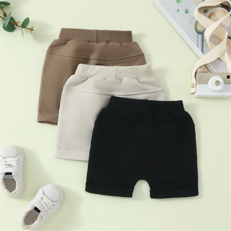 Conjunto infantil de 3 peças para crianças, verão, cintura elástica, shorts de cor sólida, corredores para meninas, calças curtas casuais para bebês