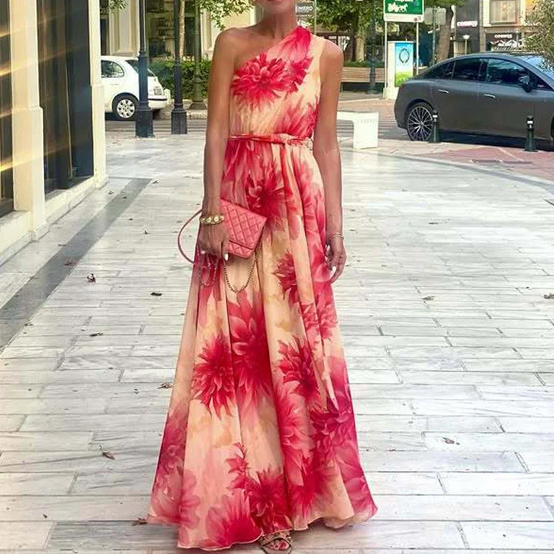 Sexy inclinado elegante padrão impressão rendas vestido de festa casual sem mangas plissado bohe vestido feminino ombro grande balanço vestido longo