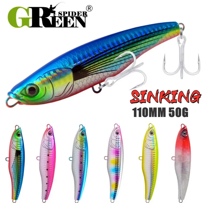 GREENSPIDER 110mm 50g Sinking Pencil Fishing Lures Wobbler Stickbait Artificial Hard Bait for Sea Tuna GT Fishing Lure