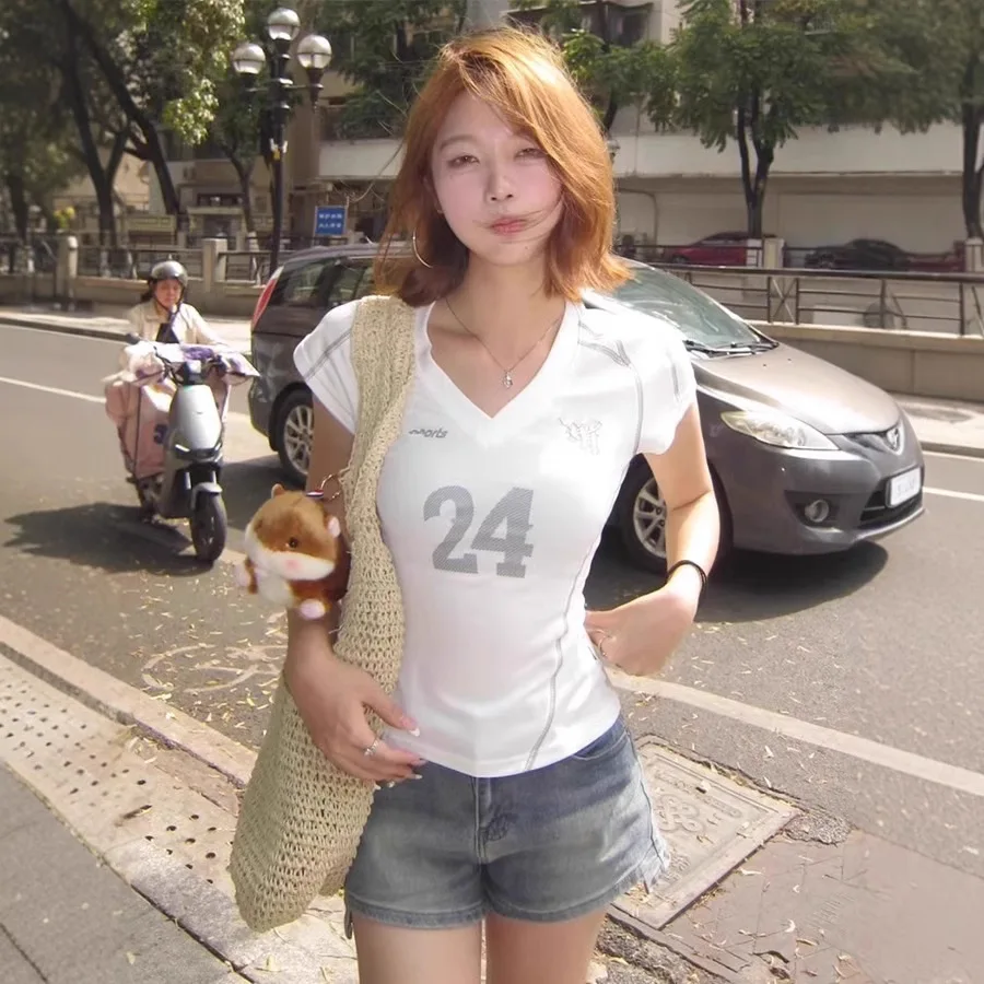 

Woman Summer Short Sleeve T-Shirt ,Women's V-Neck Tops, Number “24” Print Tee, Street Wear 2025