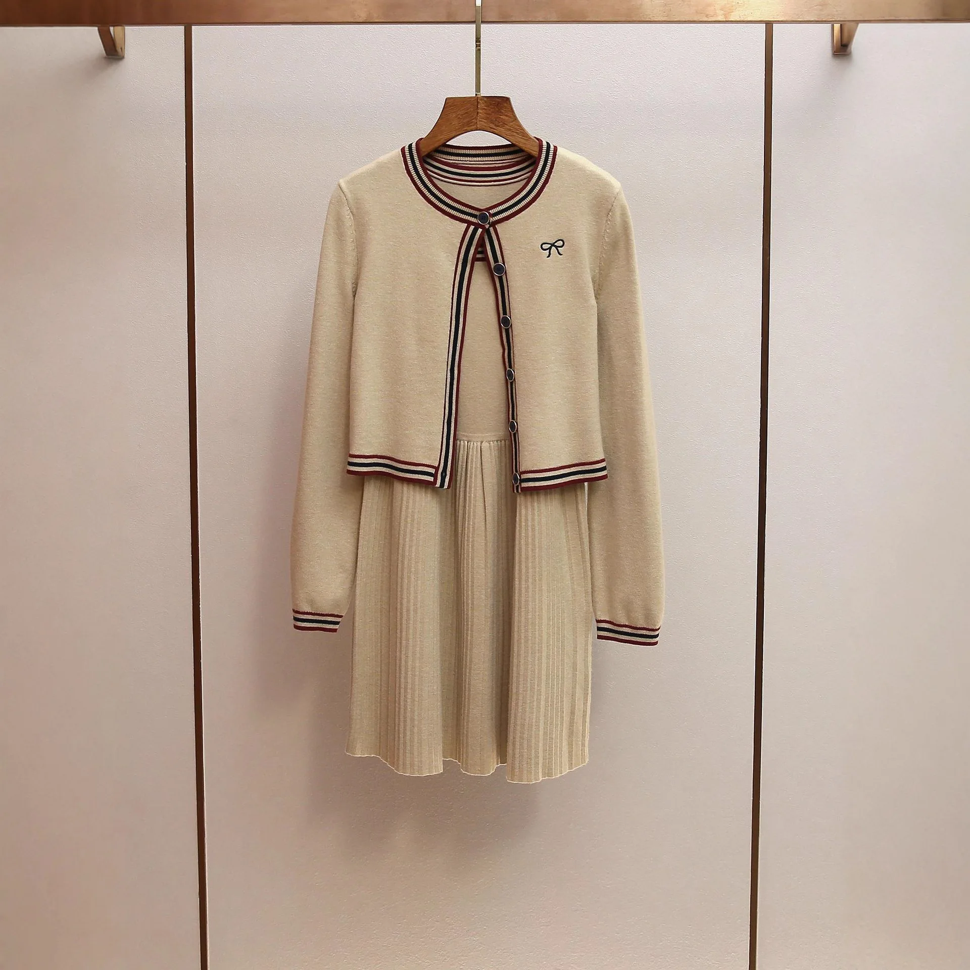 

High-End Women's Knitted Cardigan Dress Set Autumn New College Style Outerwear Vest Dress Casual Sport Suit by Nan You