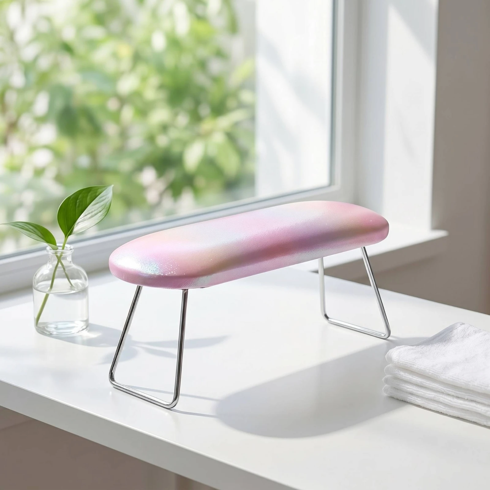 Nail Hand Rest with Metal Legs Padded Nail Hand Rest Furniture Foldable Pearlescent for Manicurists