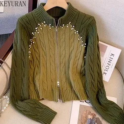 Cappotto Cardigan corto lavorato a maglia con diamanti donna 2024 autunno manica lunga colletto rialzato maglione con cerniera sottile maglieria top maglione