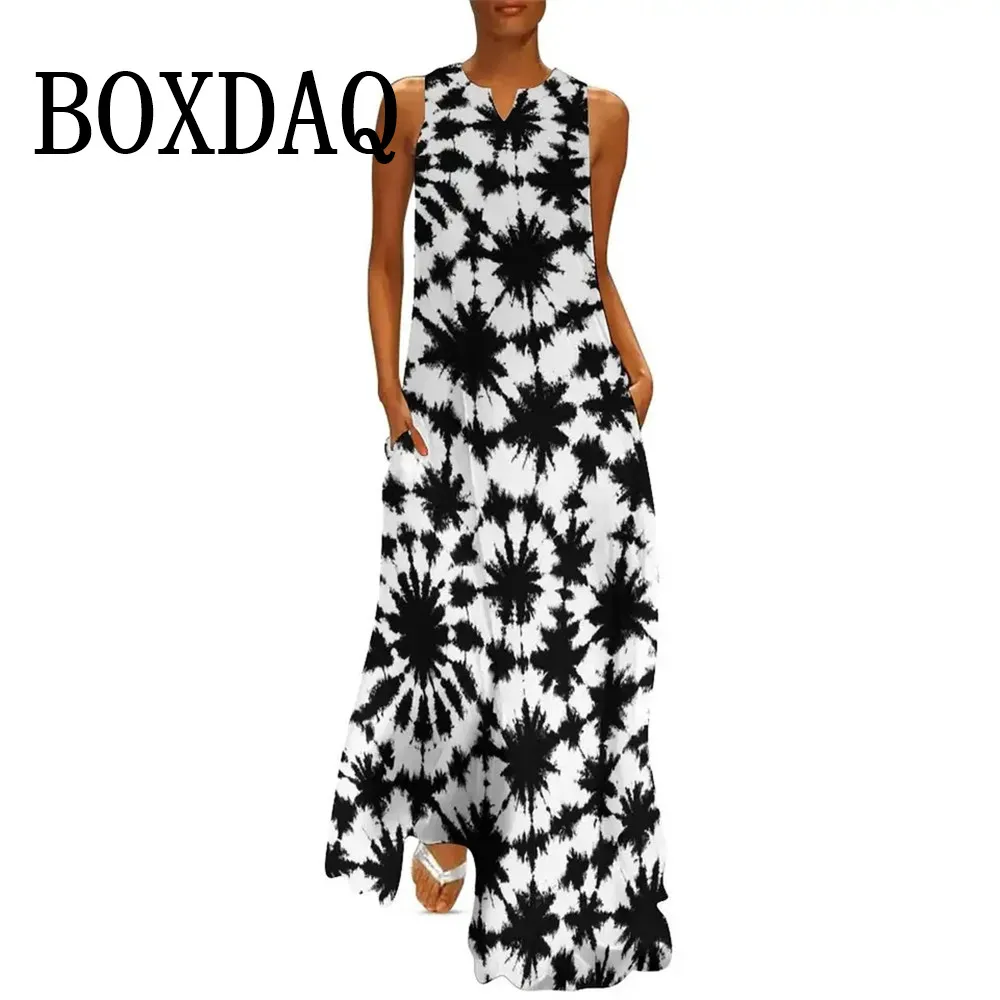 

Летние свободные пляжные платья женские 2023 модное платье макси без рукавов с 3D принтом Tie Dye повседневный жилет женский сарафан с v-образным вырезом и карманами