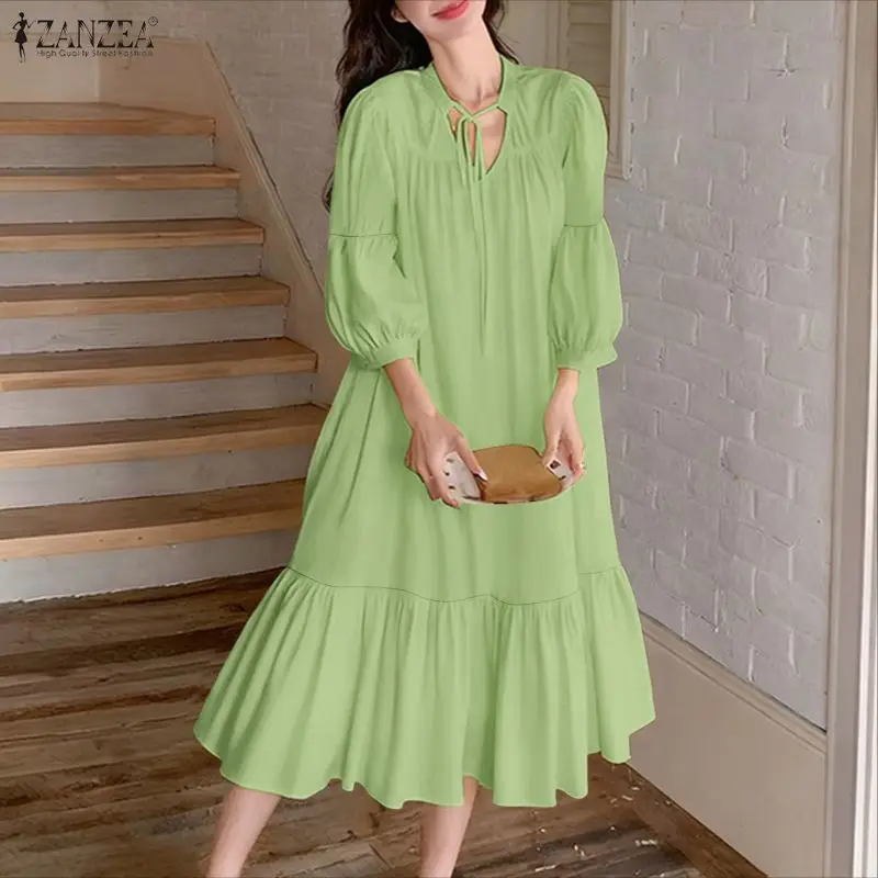 ZANZEA Fashion Long Shirt Dresses Women Elegant OL Office Streetwear Midi Sundress Summer Autumn Puff Sleeve Bandage Party Robe