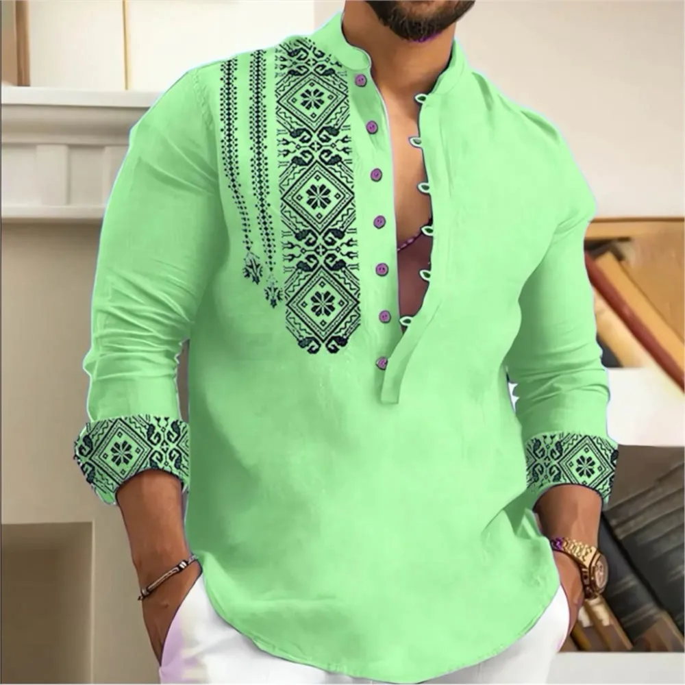 2025 Camicia da uomo Camicia stampata in 3D Camicia monopetto ampia a maniche lunghe Abbigliamento uomo musulmano Camicia con culo Tessuto di lino y2k