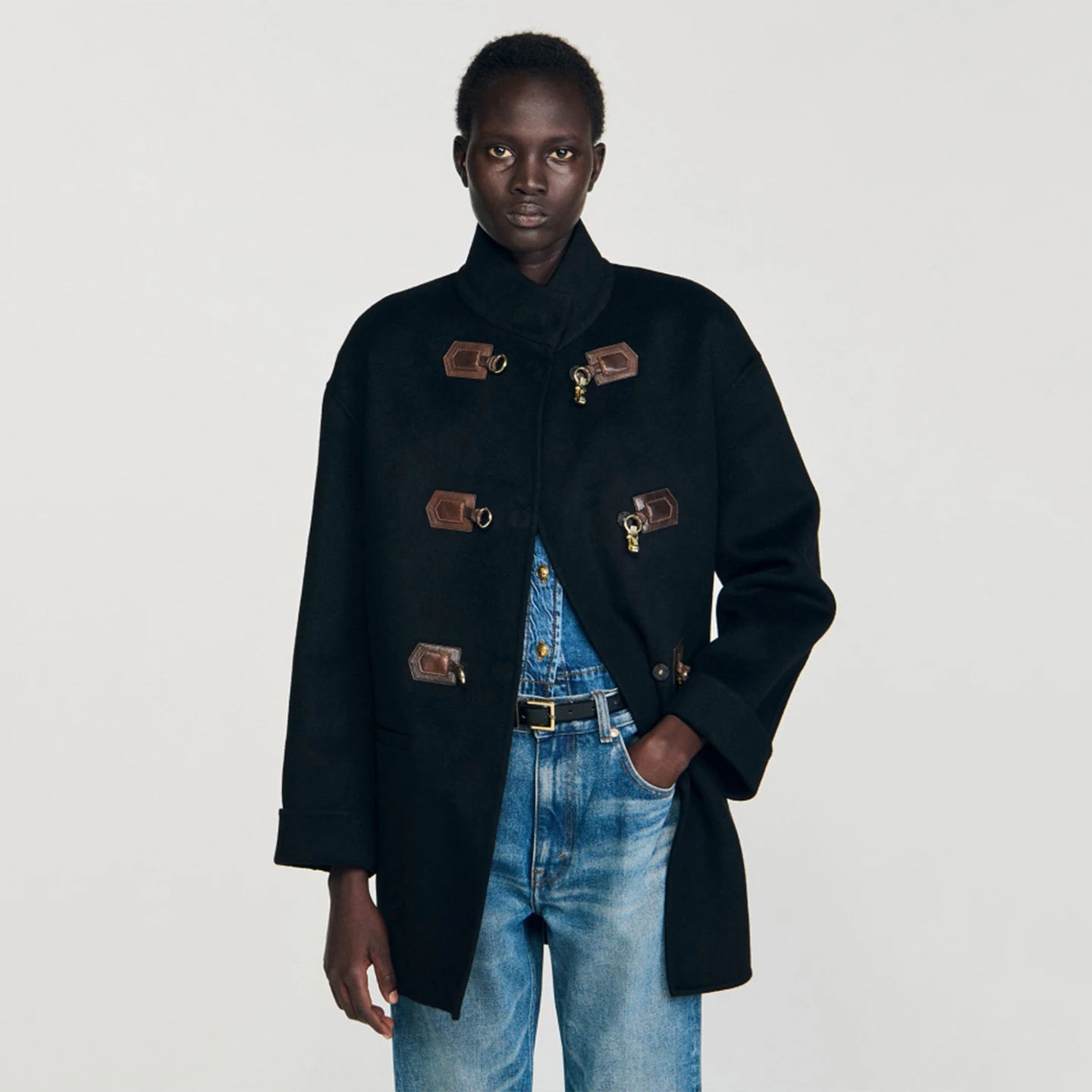 M Home Otoño Invierno Abrigo de lana retro para mujer Cuello alto Cuero Metal Bule Thiened Prendas de abrigo de punto OL Sle Long Sl...