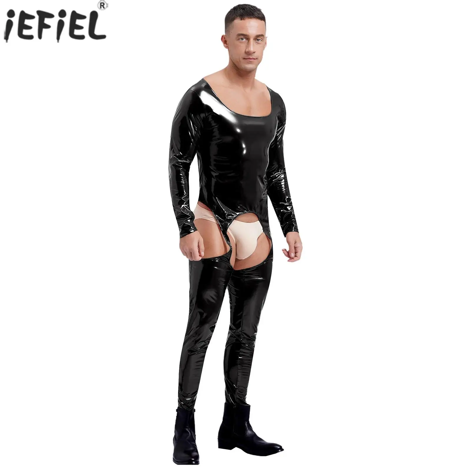 

Mens Glossy Wet Look Patent Leather Open Butt Bodysuit Long Sleeve Cutout Open Crotch Leotard Skinny Jumpsuit Overalls Clubwear