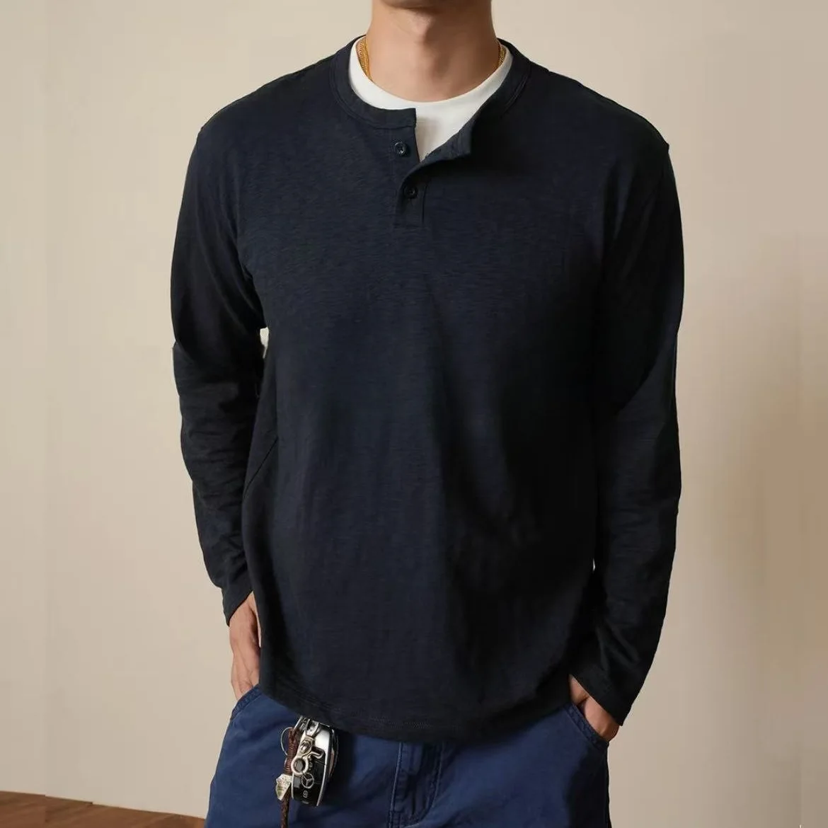 American Tough Guy Old Money Henry Collar Bamboo Cotton Fake Two Long-sleeved T-shirt Solid Color