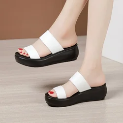 6cm Small Size 32-43 Genuine Leather Shoes Med Heels Slippers 2025 Summer Women's Platform Wedges Slides for Office Beach Mom