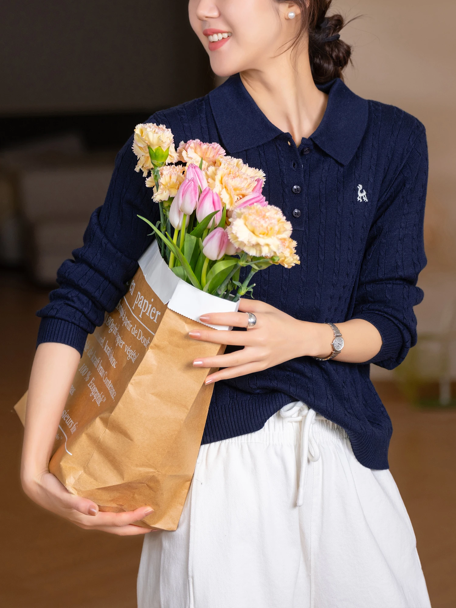

lectual Sle Knitted Sweater with Fine Twisted Flowers 44% Wool 37% Silk Heavy Work Casual Soft Polyester Blend Long Sl...