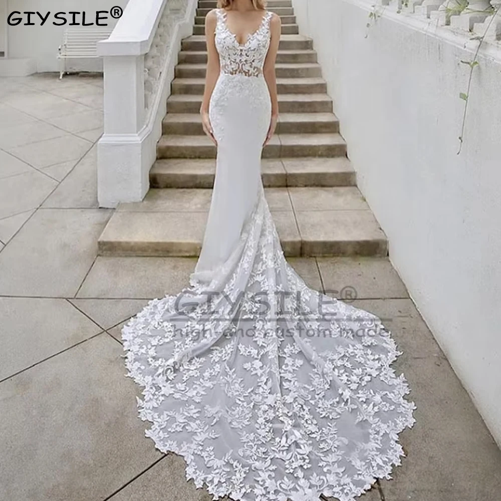 

GIYSILE Customized Elegant Lace Wedding Dresses for Women with Chapel Train Appliques Backless Mermaid Bridal Dress Party Gowns