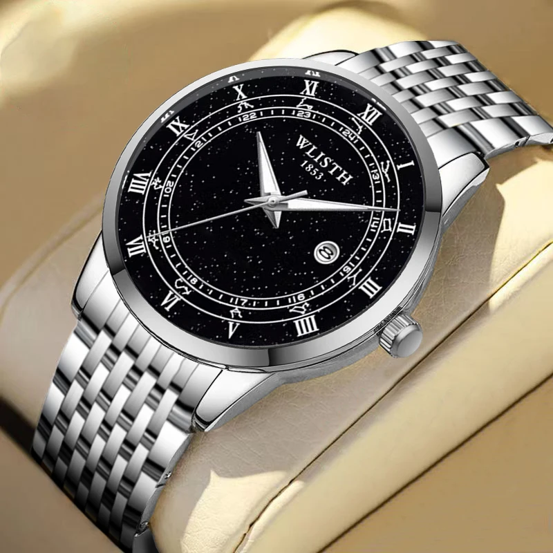 WLISTH Business Man Silver Wristwatch Luminous Stainless steel Watch Waterproof Fashion Luxury Mens Watch Quartz Wristwatch