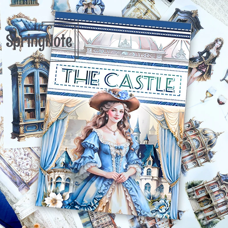 20Sheets Castle Princess Aesthetic Sticker Book Pre-Cut Blue Castle Flower Matte PET Washi Stickers For Scrapbooking Journal