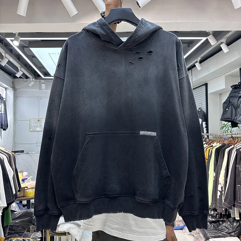 Cotton Men Hoodie Long Sleeve O Neck Hood Gradient Heavy Washing Destroys Vintage Hoodies