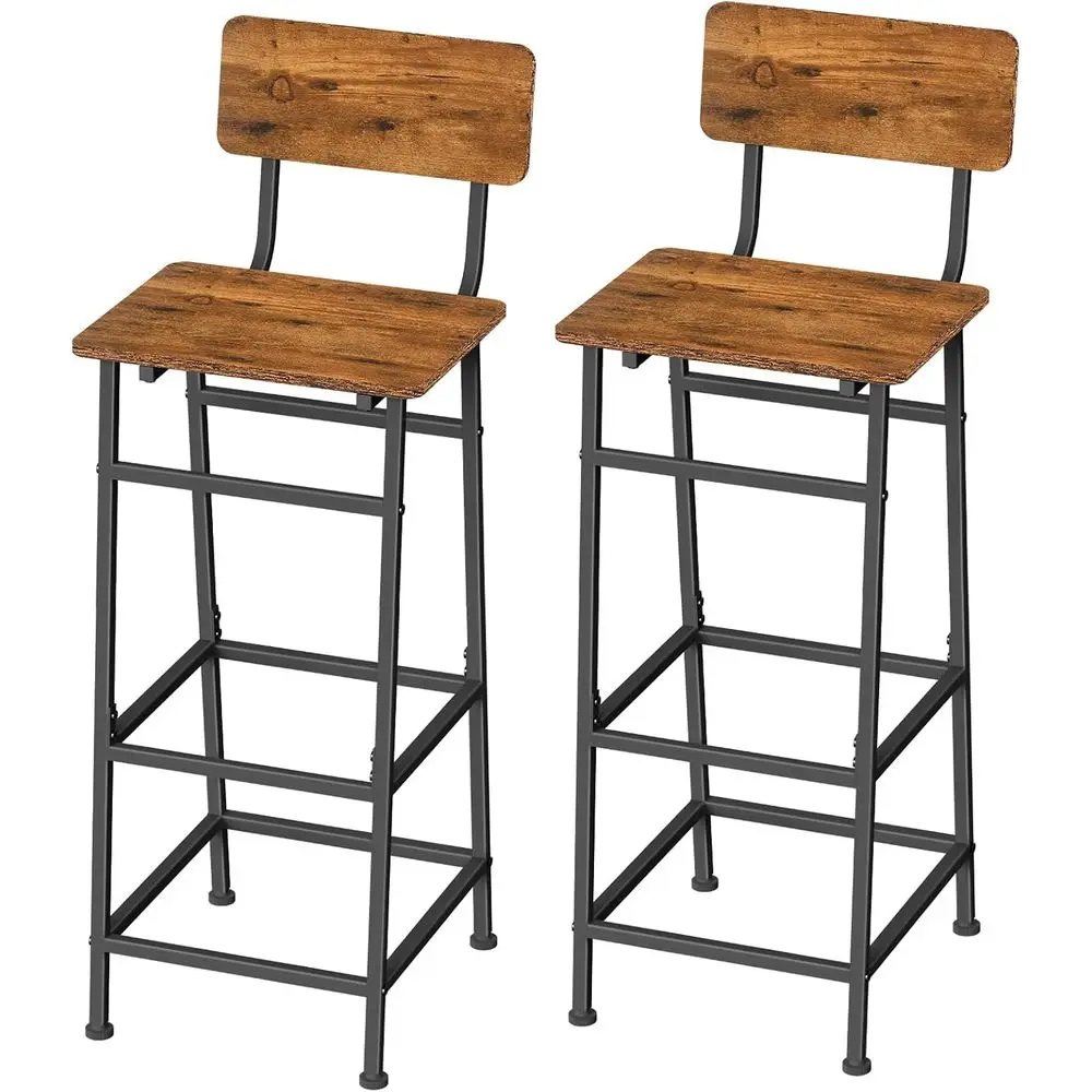 

Набор из 2 промышленных барных стульев, барные стулья с высокой спинкой и подставкой для ног, прочная металлическая рама и деревянное сиденье, для кухонного острова