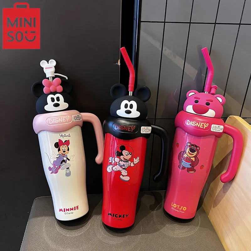 MINISO Disney Cartoon Printed Large Capacity Insulated Cup Strawberry Bear Children'S Water Cup Stainless Steel Cup With Handle