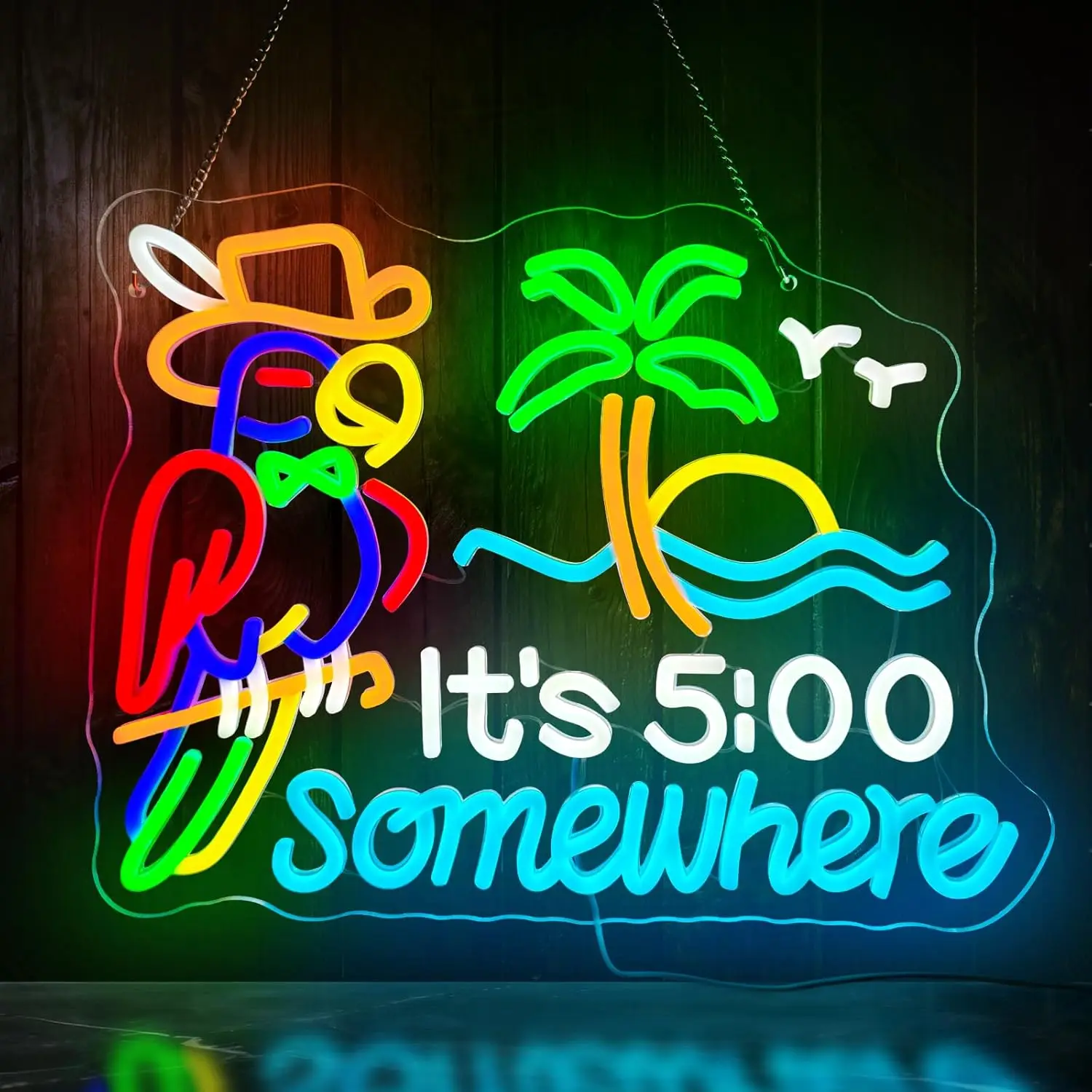 

Неоновая вывеска Parrot "It's 5 o'clock Somewhere" - Светодиодная лампа с регулируемой яркостью, USB-декор для мужской комнаты, домашнего бара, подарок