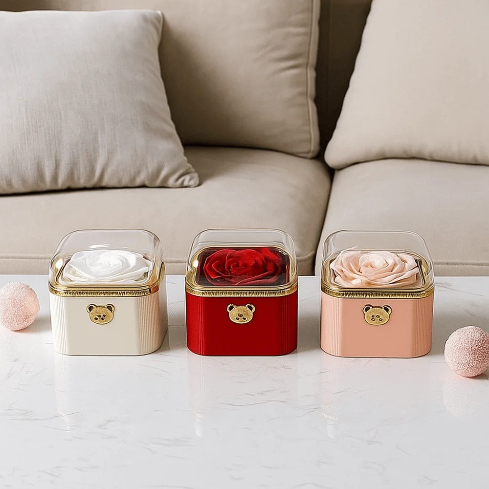 

Fashion Cute Flip Necklace Box Romantic Dustproof Rotating Rose Box Plastic Automatic Surprise Jewelry Storage Box Anniversary