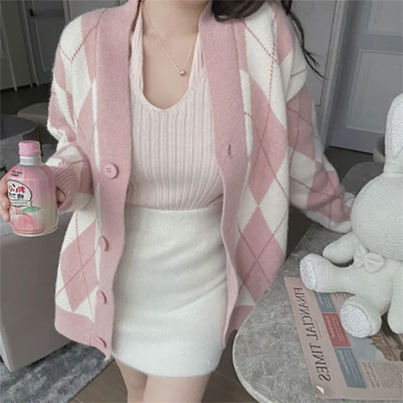 Cardigan feminino juventude ins outono novo solto argyle grosso rosa bonito harajuku com decote em v casual camisola macia moda all-match estética