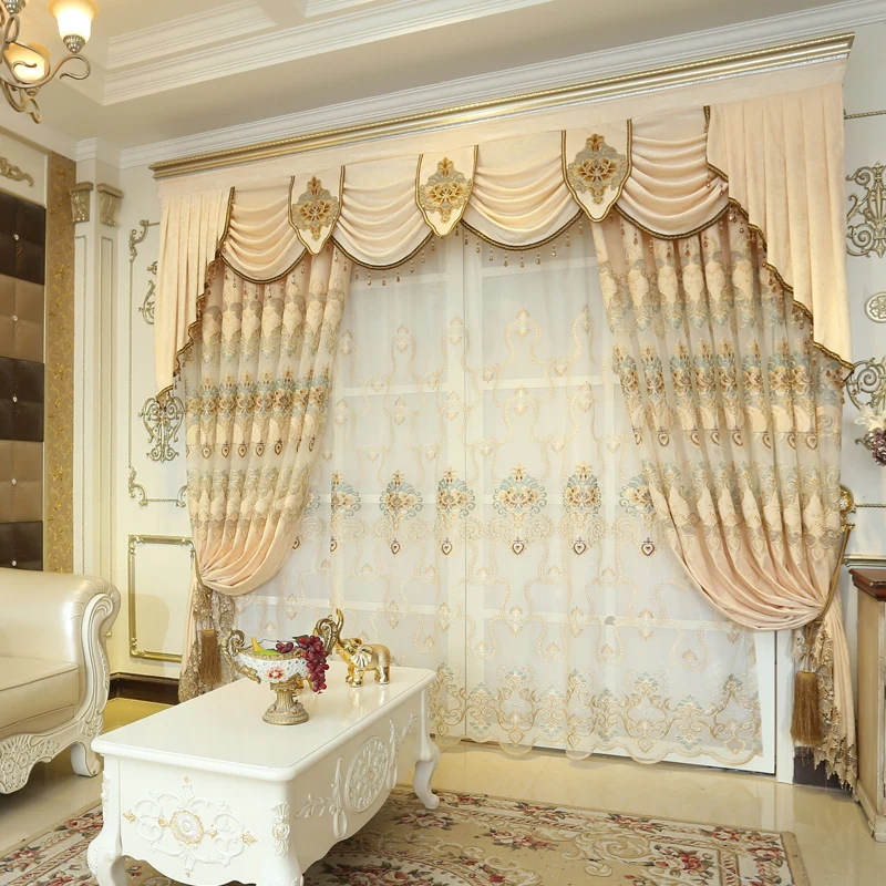 

Custom curtain Chenille Cashmere high-grade hollowed out embroidered beige cloth blackout curtain tulle valance drape C1297