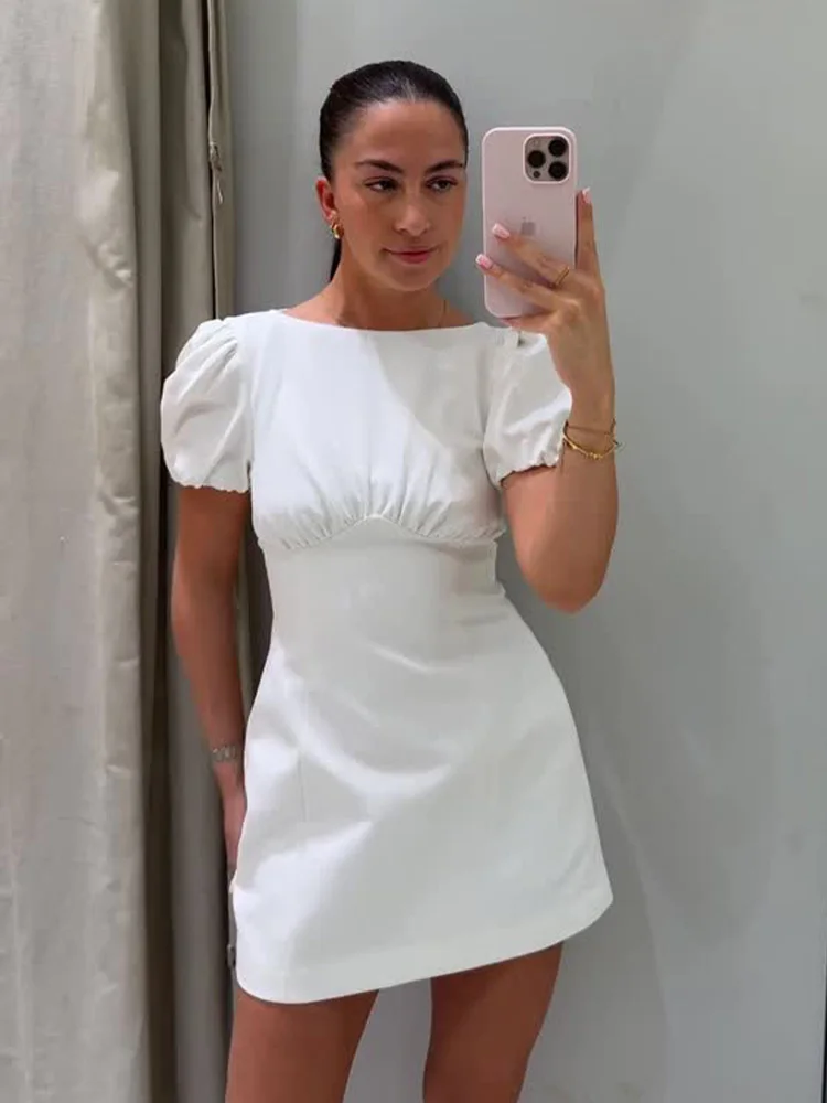 

Женское повседневное мини-платье HH 2026: Новинка лета, модное, однотонное, с круглым вырезом, плиссированными карманами, коротким рукавом, облегающее, для банкетов