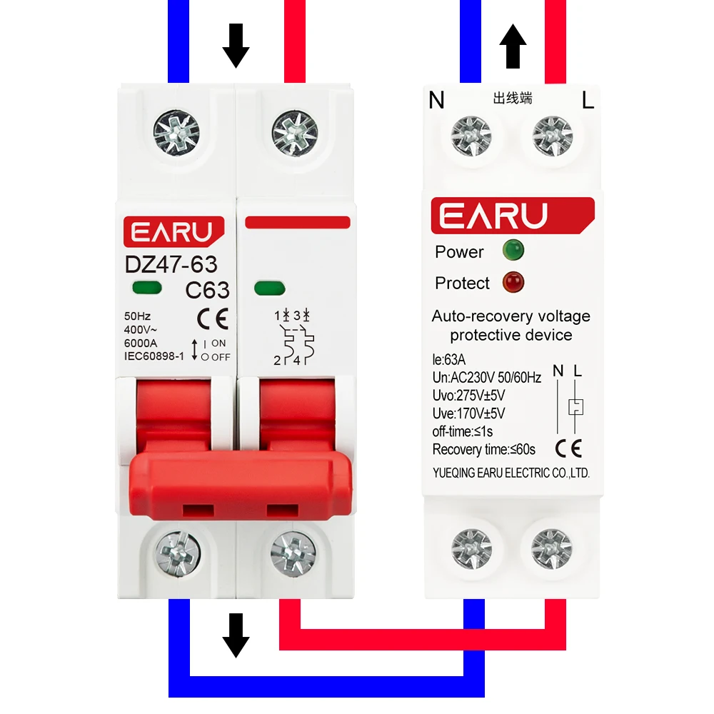 1P+N 27mm 40A 63A 230V Din Rail Automatic Recovery Reconnect Over Voltage and Under Voltage Protective Device Protection Relay