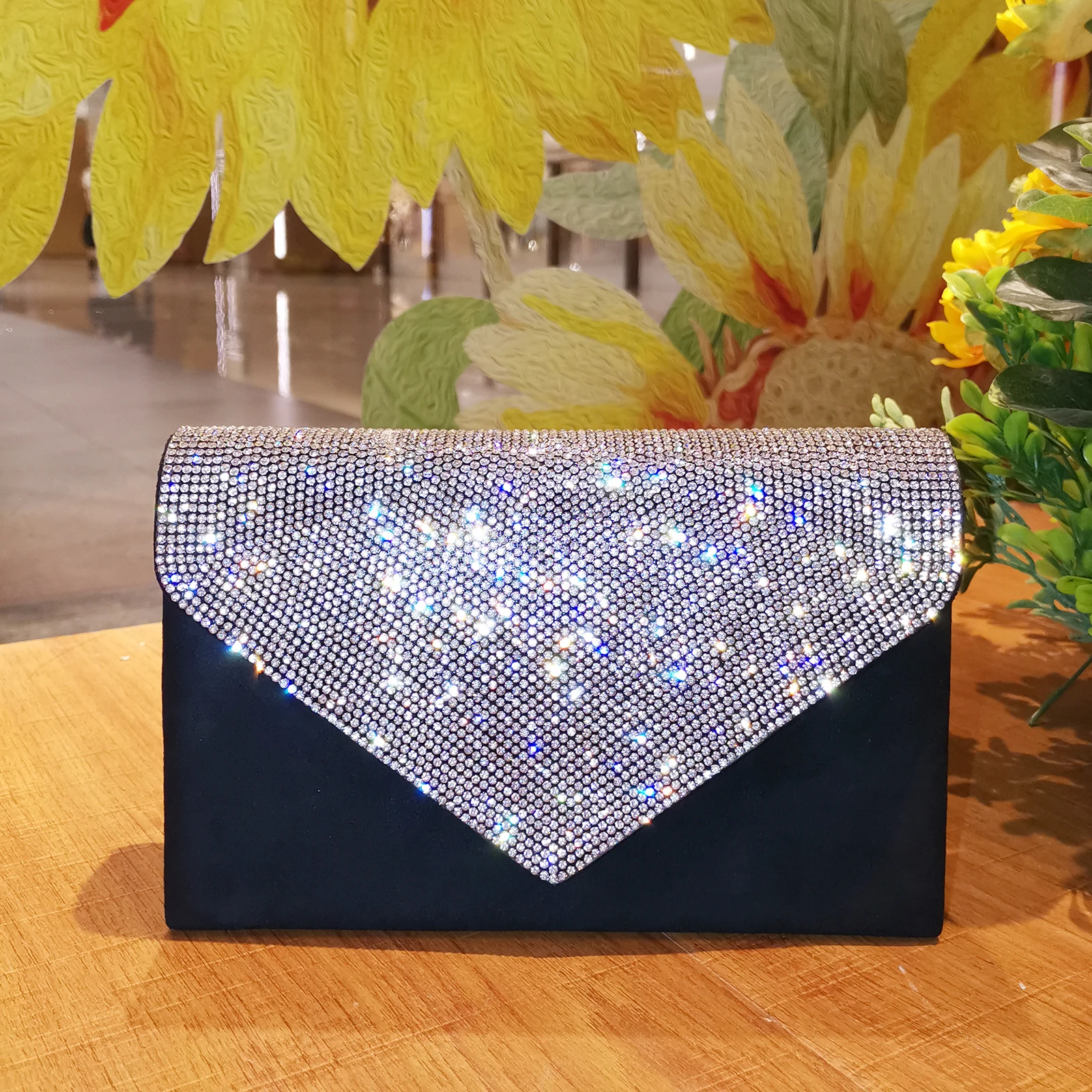 Silver Rhinestones Black Faux Suede Evening Bag Bling Wedding Bridal Clutch Purse for Formal Party