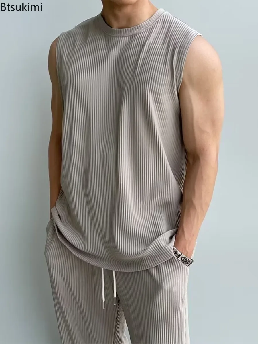 Summer Ice Silk Sets Men's Solid Casual Tracksuits Fashion Sleeveless T-shirt and Pants Two Piece Set Men Sports Fitness Outfits