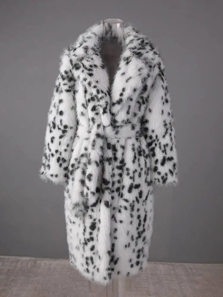 Fashion Eco-Friendly Long Leopard Print Fur Coat Women's Lapel Loose Thick Plush Overcoat Winte UCPF view 4