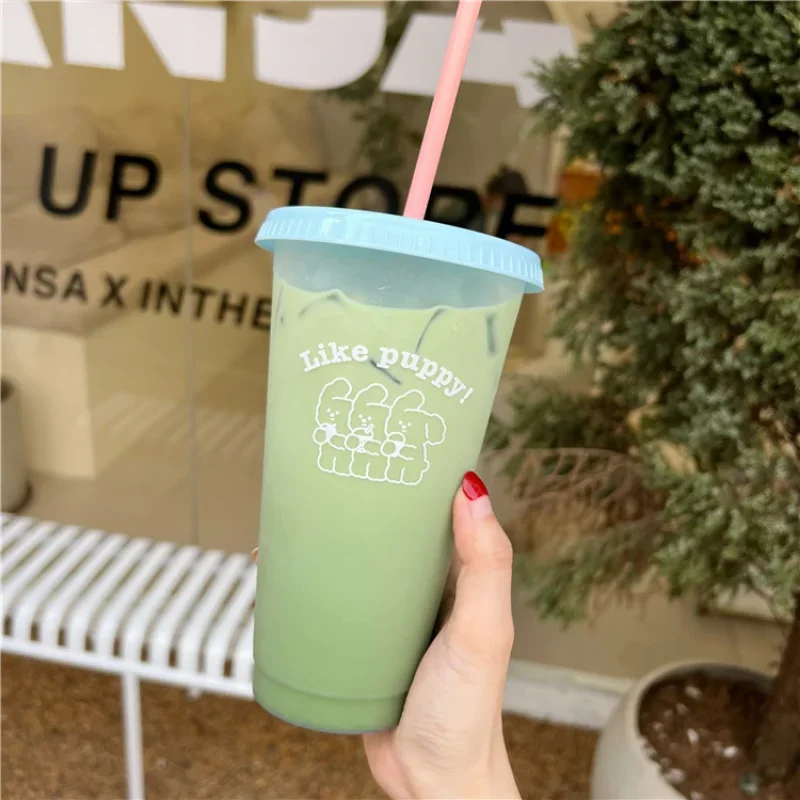 New Cute Plastic Water Bottle For Iced Coffee Tumbler With Straw and Lid Kawaii Juice Milk Tea Reusable Cups 480ML-700ML